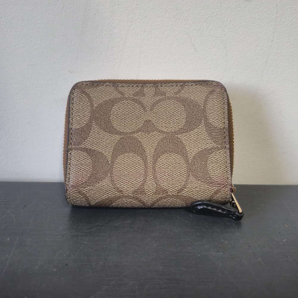 Coach Trifold Riley Wallet Brown Leather Canvas Zip Around Studded Monogram Logo - Picture 2 of 5